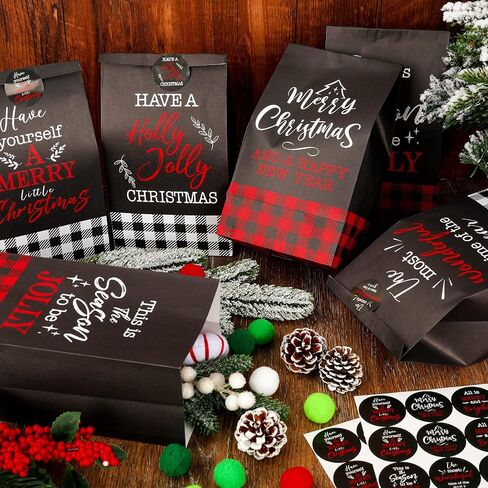 Whaline Christmas Party Favor Bags Christmas Greetings Goody Bags Red White Black Buffalo Plaid Gift Bags Holiday Treat bags with Gift Tag Stickers for Xmas Party Supplies Gift Wrap, 36Pcs in Saudi Arabia