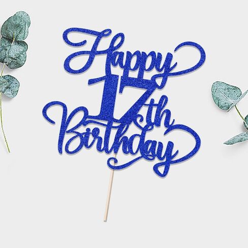 Glitter Happy 17th Birthday Cake Topper,Hello 17，Cheers to 17Years,17th Anniversary Cake Topper， boy girl 17 years old birthday Party Decor (blue) in Saudi Arabia