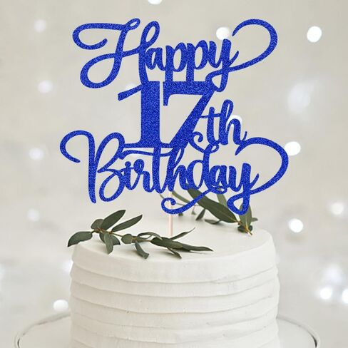 Glitter Happy 17th Birthday Cake Topper,Hello 17，Cheers to 17Years,17th Anniversary Cake Topper， boy girl 17 years old birthday Party Decor (blue) in Saudi Arabia