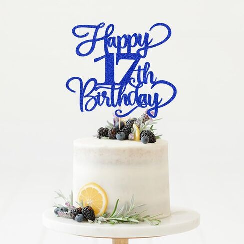 Glitter Happy 17th Birthday Cake Topper,Hello 17，Cheers to 17Years,17th Anniversary Cake Topper， boy girl 17 years old birthday Party Decor (blue) in Saudi Arabia