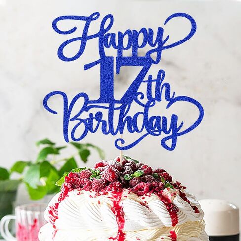 Glitter Happy 17th Birthday Cake Topper,Hello 17，Cheers to 17Years,17th Anniversary Cake Topper， boy girl 17 years old birthday Party Decor (blue) in Saudi Arabia