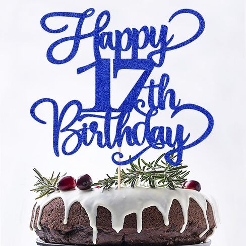 Glitter Happy 17th Birthday Cake Topper,Hello 17，Cheers to 17Years,17th Anniversary Cake Topper， boy girl 17 years old birthday Party Decor (blue) in Saudi Arabia