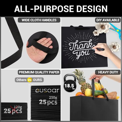 EUSOAR Exra Large Gift Wrap Bags Bulk, 50 Pack 16x6x12 inches Black Paper Heavy Duty Bags with Handles, for Business, Grocery, Boutique, Retail, Wedding, Party Favors, Baby Showers, Birthdays in Saudi Arabia