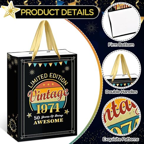 Vintage 50th Birthday Gift Bags for Women Men 1975 Birthday Gift Wrap Bags with 50th Birthday Wrapping Paper and Greeting Card for 50 Years Old Birthday Anniversary Party Supplies in Saudi Arabia