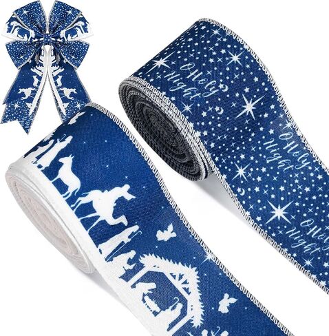 Bolsome 2Rolls 20 Yards Christmas Nativity Wired Ribbon Blue White Holy Night Star Jesus Patterned Burlap Ribbon for Gift Wrapping Bow Wreath Making for Xmas Party Craft Supplies in Saudi Arabia
