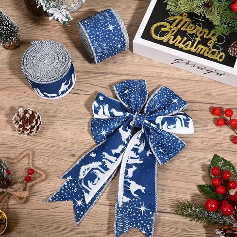 Bolsome 2Rolls 20 Yards Christmas Nativity Wired Ribbon Blue White Holy Night Star Jesus Patterned Burlap Ribbon for Gift Wrapping Bow Wreath Making for Xmas Party Craft Supplies in Saudi Arabia