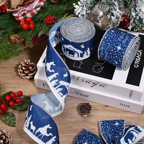 Bolsome 2Rolls 20 Yards Christmas Nativity Wired Ribbon Blue White Holy Night Star Jesus Patterned Burlap Ribbon for Gift Wrapping Bow Wreath Making for Xmas Party Craft Supplies in Saudi Arabia