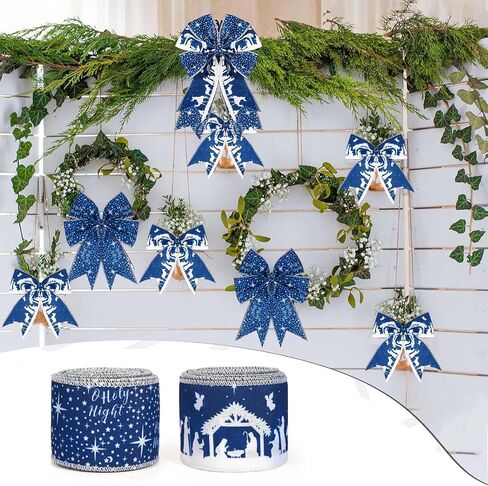 Bolsome 2Rolls 20 Yards Christmas Nativity Wired Ribbon Blue White Holy Night Star Jesus Patterned Burlap Ribbon for Gift Wrapping Bow Wreath Making for Xmas Party Craft Supplies in Saudi Arabia