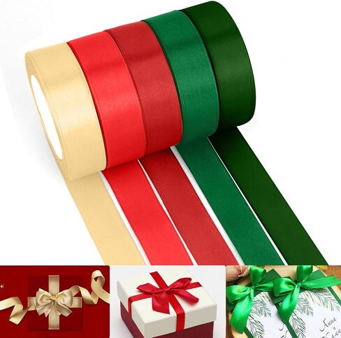 125 Yards Christmas Ribbon for Gift Wrapping 5 Rolls Christmas Ribbon Pack 1 Inch Red Ribbon/Gold Ribbon/Dark Red Ribbon/Forest Green Ribbon/Vintage Green Ribbon Chiristams for Christmas Decorations in Kuwait