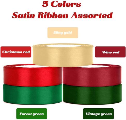 125 Yards Christmas Ribbon for Gift Wrapping 5 Rolls Christmas Ribbon Pack 1 Inch Red Ribbon/Gold Ribbon/Dark Red Ribbon/Forest Green Ribbon/Vintage Green Ribbon Chiristams for Christmas Decorations in Kuwait