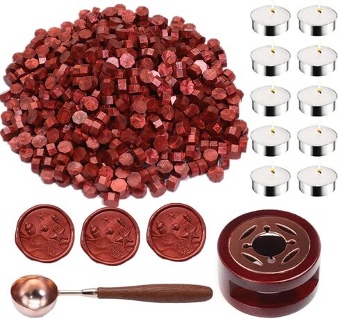 خرز ختم الشمع، 300 قطعة من خرز ختم الشمع الأحمر الخمري من Atopbb، قطعة واحدة من سخان ختم الشمع الخشبي، قطعة واحدة ملعقة ذائبة و10 قطع شموع شاي لمجموعة ختم ختم الشمع (عنابي جديد) in Saudi Arabia