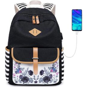 Goldwheat Girls Backpack Canvas Schoolbag Bookbag Laptop Bag Rucksack with USB Charging Port