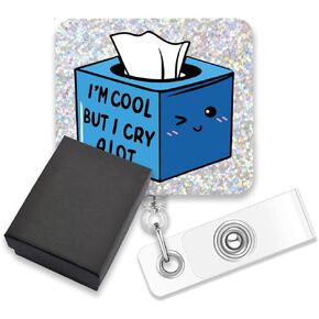AGMDESIGN I'm Cool But I Cry a Lot Funny Badge Reel, Glitter Badge Reel Retractable Alligator Clip, Self Love Badge Scroll Gift for Doctors Nurses Nursing Students RN Psychotherapists