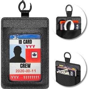 Black Genuine Leather ID Badge Holder for a Lanyard or Belt Loop, Premium ID Card Holder Multinational Design with Spring Ring Clasp, Elastic Back Card Pocket, Airports ID Badge Swipe, Black,