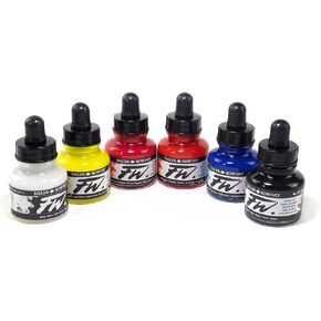 Daler-Rowney FW Acrylic Ink Bottle 6-Color Primary Set - Acrylic Set of Drawing Inks for Artists and Students - Permanent Art Ink Calligraphy Set - Calligraphy Ink for Color Mixing