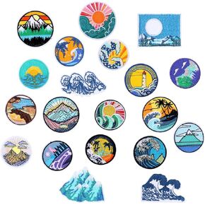 20Pcs Camping Theme Iron on Patches Adventure Outdoor Sew on Embroidered Applique Patches Embroidery Repair Decoractive Patches Mountain DIY Crafts Sewing Patches for Clothes Hats Jeans Backpacks