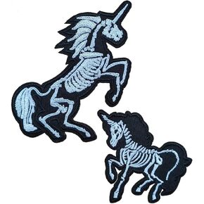 2 PCS Skull Unicorn Embroidered Iron On Patches Animal Skull Halloween Jacket Backpack Cap Fabric Badge, Black and White