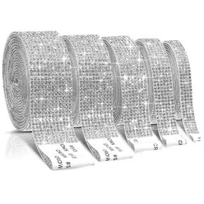 5 Rolls Adhesive Rhinestone Strips Bling Crystal Silver Rhinestone Ribbon Stickers Glitter Diamond Rhinestone Tape Roll for DIY Crafts Car Shoes Wedding Party Décor