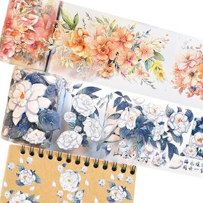 2 PACK Evening Tea & Full of Floral Fragrance Stickers, Laser Floral Washi Tape Vintage Crabapple Flower Tape Stickers, Decorative Adhesive Tapes Fashion Girl Floral People Women PET Tape for Crafts