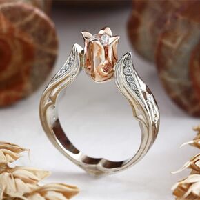 Rose Flower Rings Rose Gold and Silver Two-tone Shiny Cubic Zirconia Crystal Flower Rings for Women