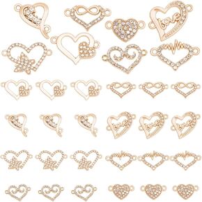 PH PandaHall Heart Charms, 32pcs 8 Styles Alloy Heart Shape Heart Link Connector Beads with Rhinestone Heat Pendants for Earrings Bracelets Necklaces Jewelry DIY Craft Making, Light Gold