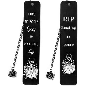 Gothic Skeleton Bookmark - Stainless Steel Scary Bookmarks with Black Tassel, Reading Accessory for Book Lovers (Skull and Bones Combo 2)