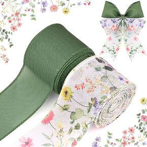 Wildflowers Wired Edge Ribbon Green Pink Floral Fabric Ribbon for Wedding Bridal Shower Birthday for Bouquet Wrapping Bow Wreathing Making Craft Supplies, 20 Yards, 2Rolls (Green)