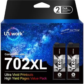 Uniwork Remanufactured 702XL 702 Ink Cartridge Replacement for Epson 702XL 702 XL T702XL T702 High Yield to use with Workforce Pro WF-3720 WF-3730 WF-3733 Printer Tray (2 Black)