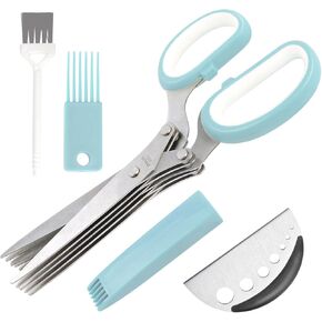 Styleonme Scissors Herb, Sharp Heavy Scissors for Cutting, Chopping and Cooking Fresh Garden Herbs, 5 Stainless Steel Blades and Stripper, Vanilla Cutter Chopper Garden Kitchen Gadgets