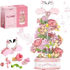 Flowers Music Box Building Block Kit with Light-713PCS Decoration Rotating Music Box Building Set,Botanical Collection Mother's Day, Valentine and Birthday Gifts for Girls Boys Adults Kids Ages 6+