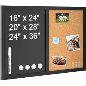 4 THOUGHT Chalkboard Corkboard Combo, 28" x 20" Bulletin Board Magnetic Chalkboard for Wall Combination Board Black Frame Double Use Chalk Board Cork Board 1 Marker 4 Magnets 10 Pushpins