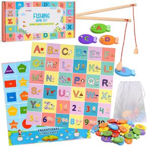 Montessori Fishing Game Set for Toddlers – Magnetic Fish Toys with Alphabet, Numbers, Shapes & Colors | 36 Wooden Fish, 2 Poles & Eco-Friendly Board | Safe & Burr-Free Educational Toy