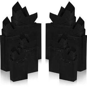Outus 24 Pieces Black Gift Bags Paper Kraft Bags with 24 Pieces Copy Papers 4 Different Sizes in 6 Inches 8 Inches 11 Inches and 13 Inches for Birthday Graduations Parties Wedding (48 Pieces)