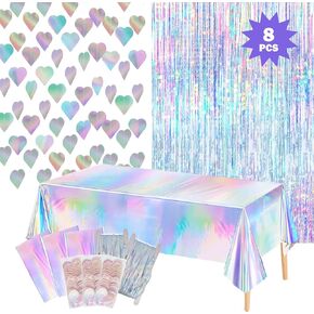 8 PCS Iridescent Disco-Holographic Party Decorations - Love-Heart Garland Streamers Banner, Disposable Laser Tablecloth, Tinsel Foil Fringe Curtains | Birthday, Bachelorette, Engagement, 90s, 80s