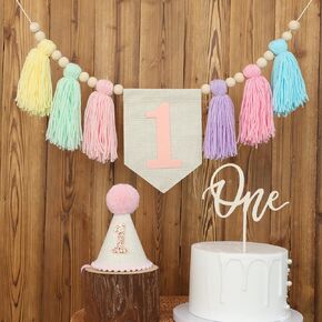 Handmade Boho 1st Birthday Macaron High Chair Banner Boho 1st Birthday Hat Pink Decorations Party For Girl Baby 1st Birthday Crown Cake Topper