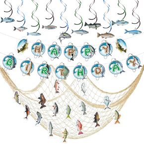 Outus Gone Fishing Party Decorations Include Hanging Swirl Happy Birthday Banner Fish Shaped Cardboard Fish Net, Fishing Birthday Decorations for Gone Fishing Theme Birthday Party Supplies