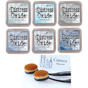 Tim Holtz Ranger Distress Oxide Ink, 6 Shades of Blue/Light Gray, Speckled Egg, Tumbled Glass, Iced Spruce, Stormy Sky, Weathered Wood, Faded Jeans, 6 Inks, 2 Carnora Ink Blending Brushes, 8 Items