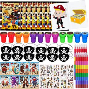 72 Pcs Pirate Coloring Book Party Favors Set, Pirates Parrot Treasures Skull Birthday Party Pinatas Goodie Bag Fillers,Nautical Party Supplies Craft DIY Kit Stickers Tattoo for Classroom Carnival