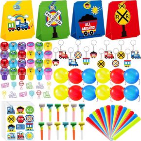 Lenwen 252 Pcs Train Party Favors Candy Bags Punch Balloons Stamps Stickers Train Slap Bracelets Keychain Noisemakers for Boy Kids Birthday Supplies