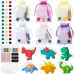 60 Pcs Dinosaur DIY Painting Kit Plaster Ceramic to Paint for Kids Paint Your Own Dino Figurines Crafts with Brushes Magnet Palette Organza Bag for Boys Adults Girls