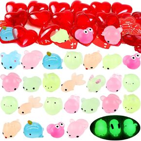28Pack Valentines Day Gift Cards with Glow in The Dark Mochi Squishies Toys Filled Hearts for Kids Valentine Classroom Exchange, Stress Relief Toys, Valentine Party Favor