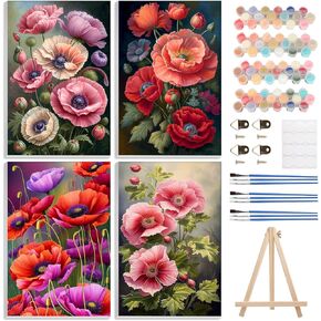 4 Pack Paint by Numbers Kits for Adults Beginners Framed Canvas, Flowers DIY Adult Paint by Number Kit with Easel, Painting by Numbers for Beginners, Arts and Crafts for Home Decor 8x12inch