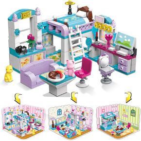 QMAN 6-12 Girl's Dream Home Building Blocks Kit Educational Toy, Build Girl's Bedroom Living Room Kitchen, 3 Building Methods (194 Pieces)