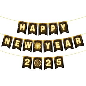 YQUQWN Happy New Year Banner 2025, 10 Feet Black GoldNew Years Decorations 2025, NYE Decorations New Years Props, Happy New Year Sign, New Year Eve Party Supplies, New Year Party Banner 2025