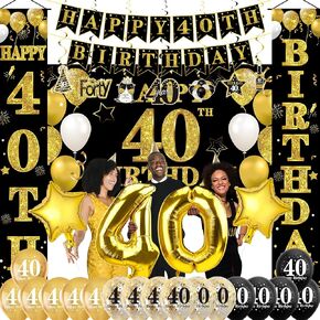 32Pcs 40th Birthday Decorations Kit for Men Women, Black Gold Happy 40 Birthday Banner Balloons Hanging Swirls Kit Party Supplies, Forty Year Old Birthday Backdrop Props Sign Decor