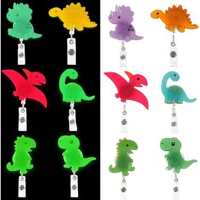 6pcs Luminous Dinosaur Badge Reels, Funny Cute Animal Badge Reel Retractable Nurse ID Badge Holder Acrylic Peds Badge Reel for Doctors Pediatric Nursing Medical Office Workers