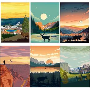 6 Packs Paint by Numbers for Adults Beginners, National Park Painting by Number Kits on Canvas Without Frame, Yellowstone Grand Teton Yosemite Lanscape Craft Arts for Home Wall Decor 9.8x13.8inch