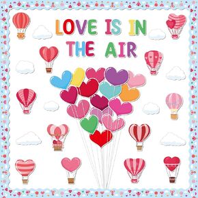 119Pcs Valentine’s Day Hot Air Balloon Heart Bulletin Board Decoration Set Love Is in The Air Colorful Hearts Cloud Cutouts Name Tags Chalkboard Wall Decor for School Valentines Party Supplies