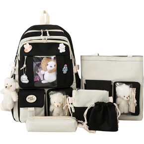 5PCS Kawaii Backpack Set with Cute Pendant and Pins Cute Aesthetic Bookbag Casual Daypack 15.6in Laptop Bag (Blue,One Size)