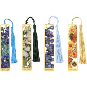4pcs Metal Bookmarks with Tassel, Metal Bookmark Oil Painting Theme Book Mark Aesthetic Bookmarks for Book Lovers Writers Readers Children Adults Men Women